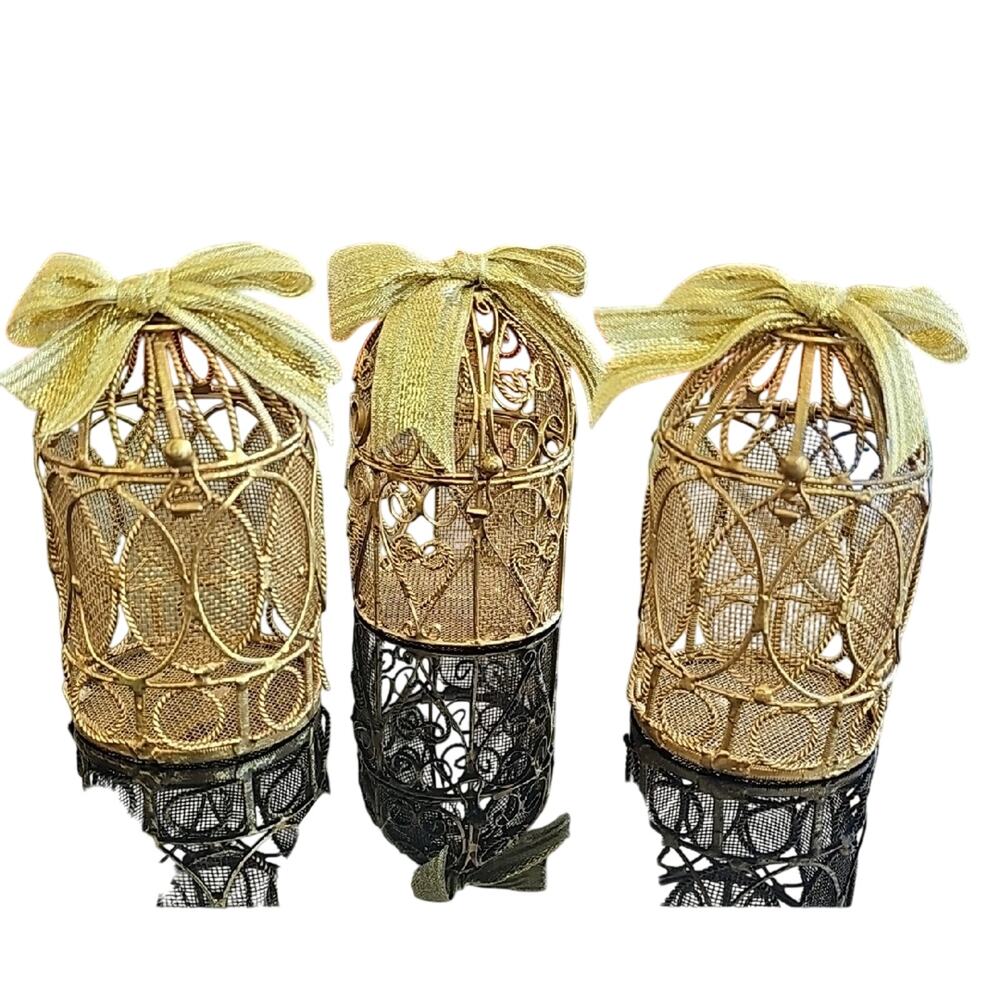 Lot of Three Elegant Heavy Wire Birdcage Gold Tealight Decor Set w/Clasp 4.5"x3"
